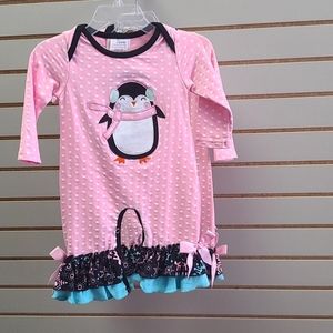 Pink penguin ruffle leg romper